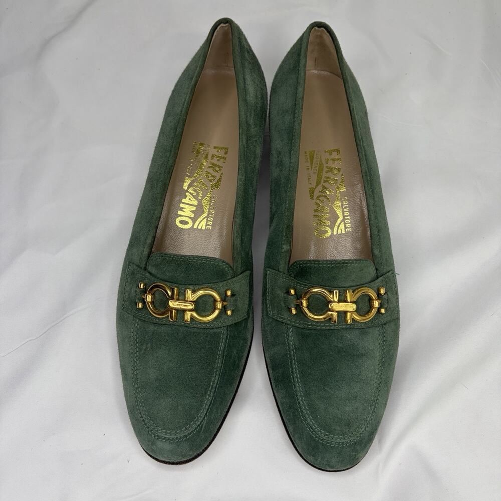 Salvatore Ferragamo Penny Loafers Women’s Green Suede Size 8B Made in Italy - Picture 2 of 9